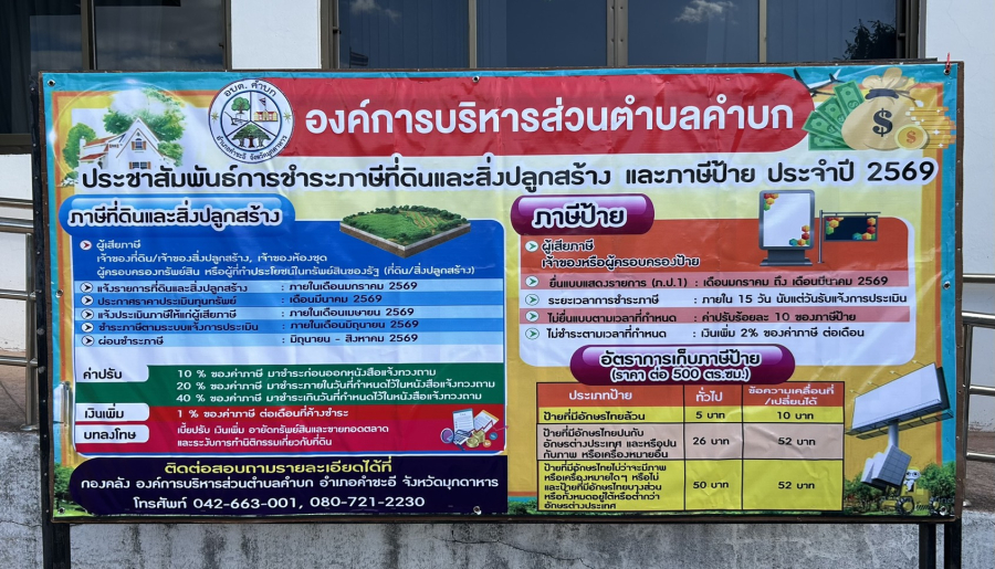 ประชาสัมพันธ์องค์การบริหารส่วนตำบลคำบก เรื่อง การชำระภาษีที่ดินและสิ่งปลูกสร้าง และภาษีป้าย ประจำปี พ.ศ. 2569